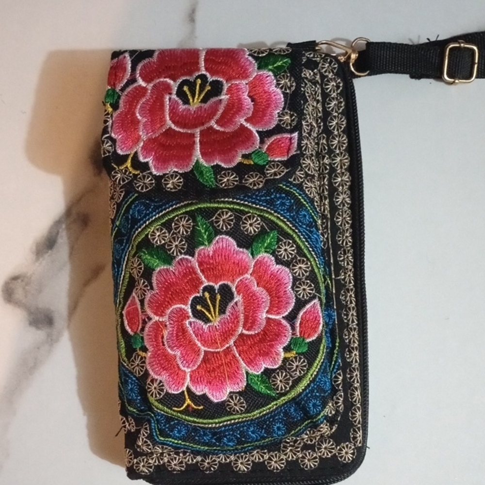 Black and Pink Floral Embroidered Clutch with Wristlet